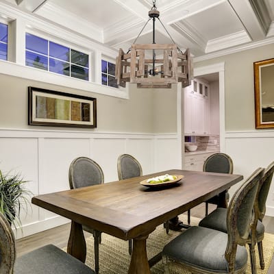 Kiria Farmhouse Wood Drum Chandelier 4-light Geometrical Foyer Ceiling Lights for Dining Room - L20" xW20 "xH22.4"