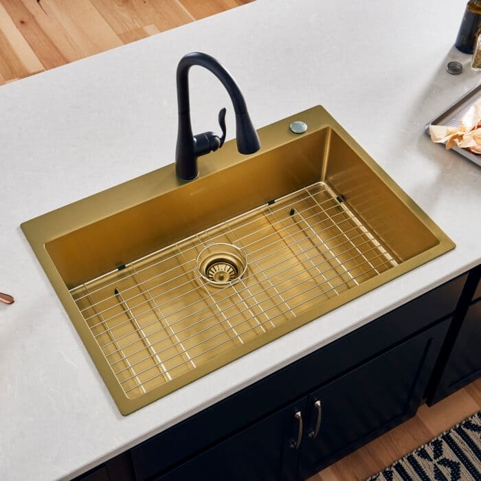 Ruvati 33 x 22 inch Matte Gold Stainless Steel Drop-in Topmount Kitchen Sink Single Bowl – RVH5005GG - 8' x 11'