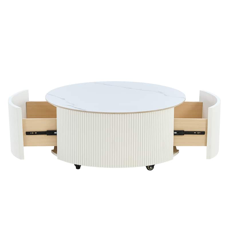 Modern Round Movable Coffee Table with Casters, 2 Drawers, Marble Pattern Sintered Stone Top, 29.5"