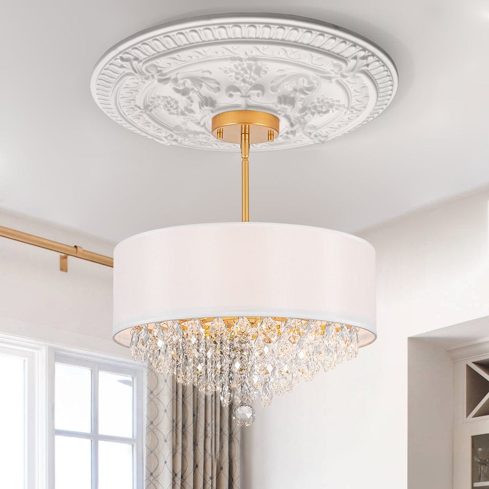 French Country White Fabric Drum Cage Chandelier with Glam Crystal