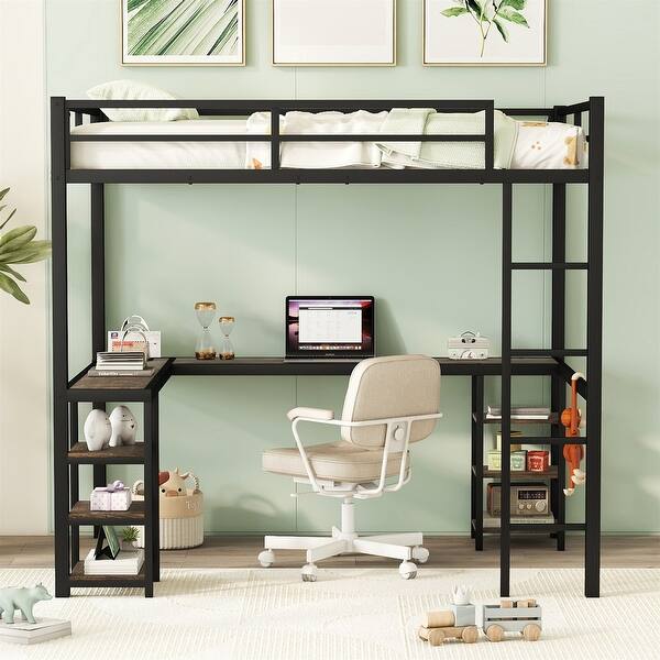 slide 2 of 8, Full Metal Loft Bed with Desk and Shelves Black