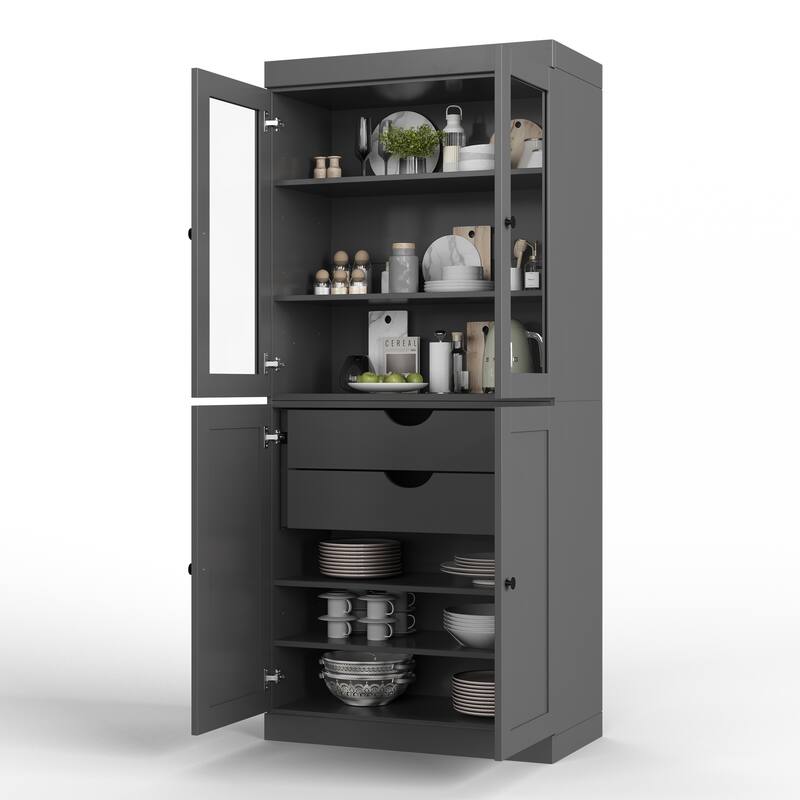 Palace Imports 100% Solid Wood 32" Pantry Cabinet with Clear Glass, Shaker Doors, 2-Drawers and Adjustable Shelves