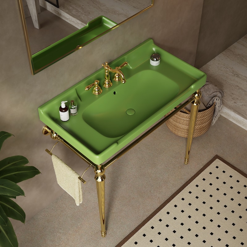 GDFStudio - Vici Modern 36" Bathroom Console Sink with Freestanding Stainless Steel Legs & Towel Bar, WITHOUT Faucet - Green+Gold