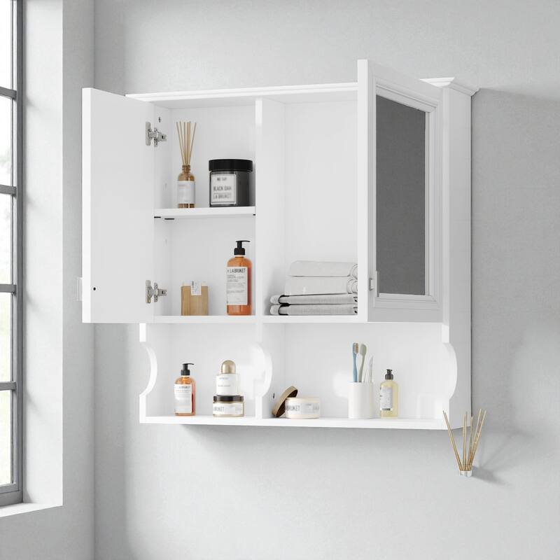 30" Wall Mounted Mirror Medicine Cabinet with Adjustable Shelf, Bathroom Storage Cabinet with Doors and Open Shelves