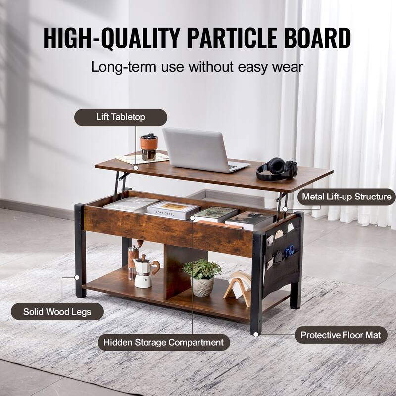 Lift Top Coffee Table, Rectangle Coffee Table with Extra Storage Pockets, Pop Up Coffee Table for Living Room