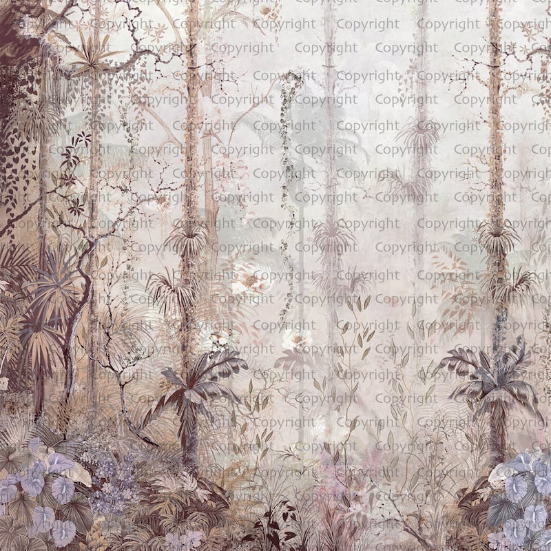 Mystical Tropical Rainforest Floral Wallpaper Mural - Purple - W:204" x H:110"