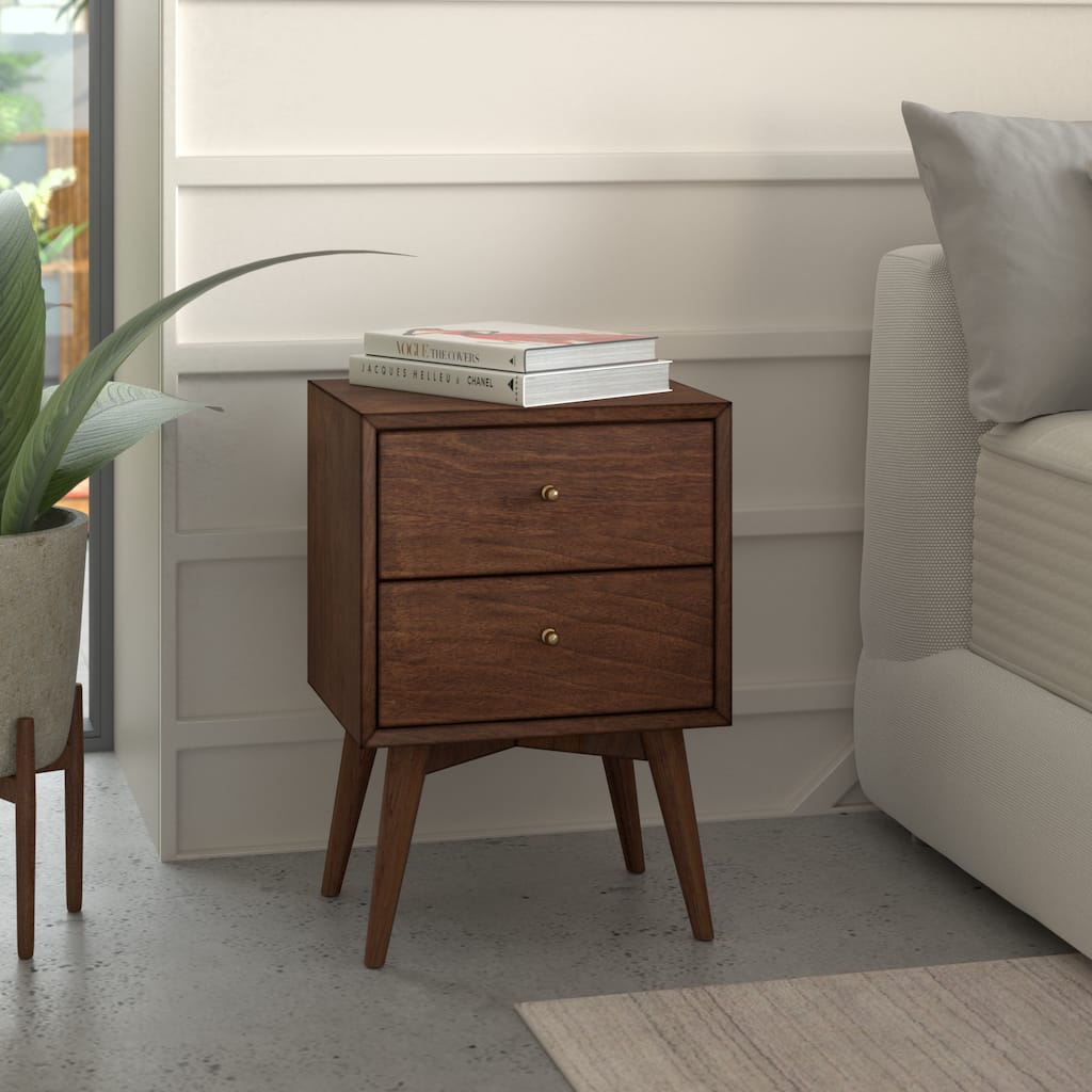 Alpine Furniture Flynn Mid Century Modern 2 Drawer Nightstand, Walnut