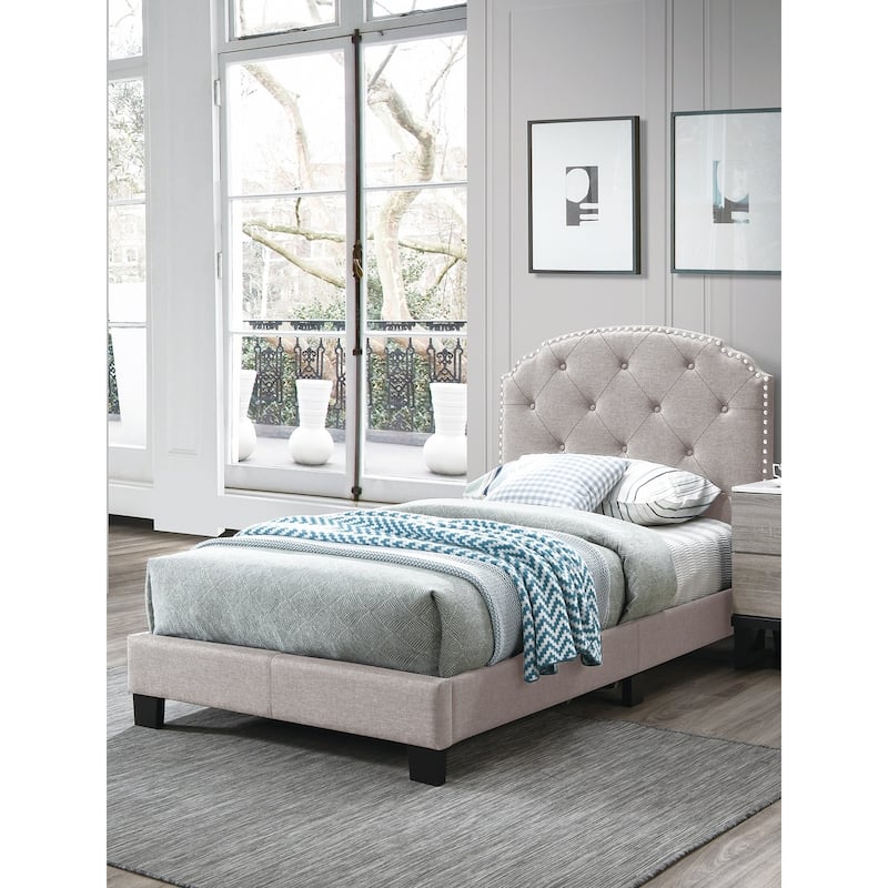 European Style Light Brown Burlap Twin Bed with Tufted Headboard & Middle Legs!