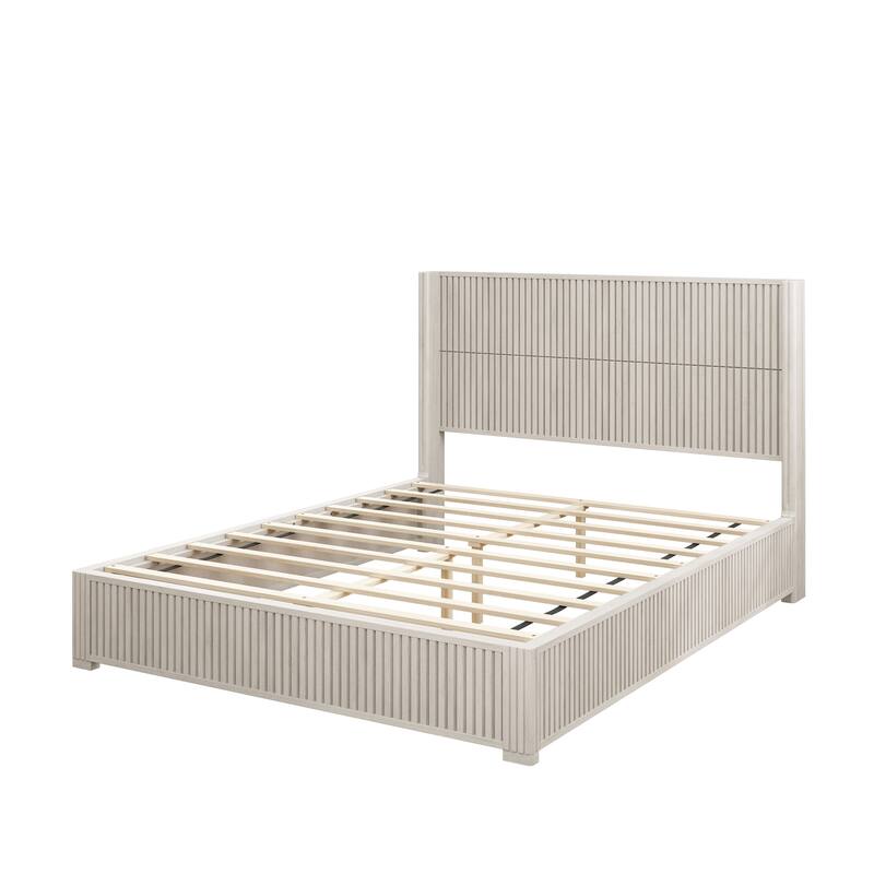 GDFStudio - Modern Solid Wood Low-Profile Platform Bed Frame with Fluted Headboard, Heavy-Duty Support & No Box Spring Needed