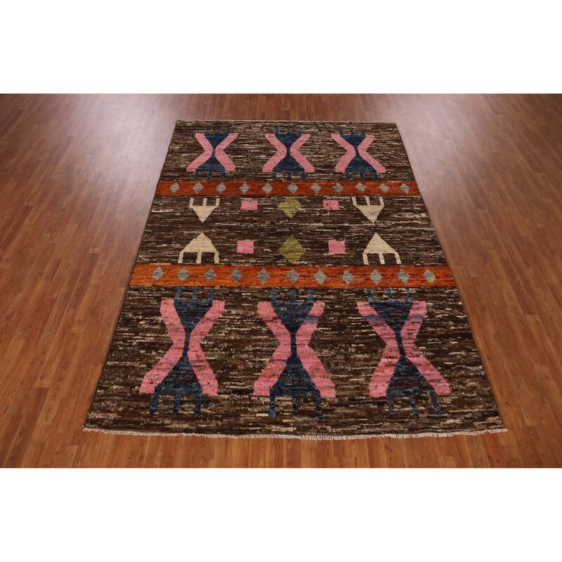 Brown Geometric Moroccan Area Rug Hand-Knotted Wool Carpet - 6'10" x 9'10"