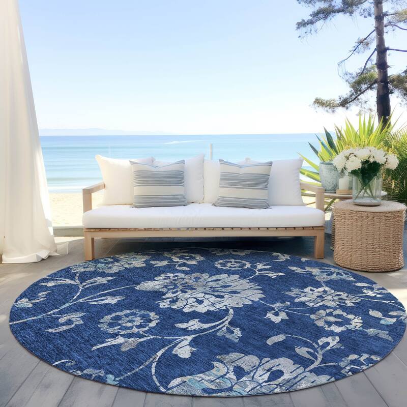 Machine Washable Indoor/ Outdoor Chantille Modern Floral Rug - Navy - 8' x 8'