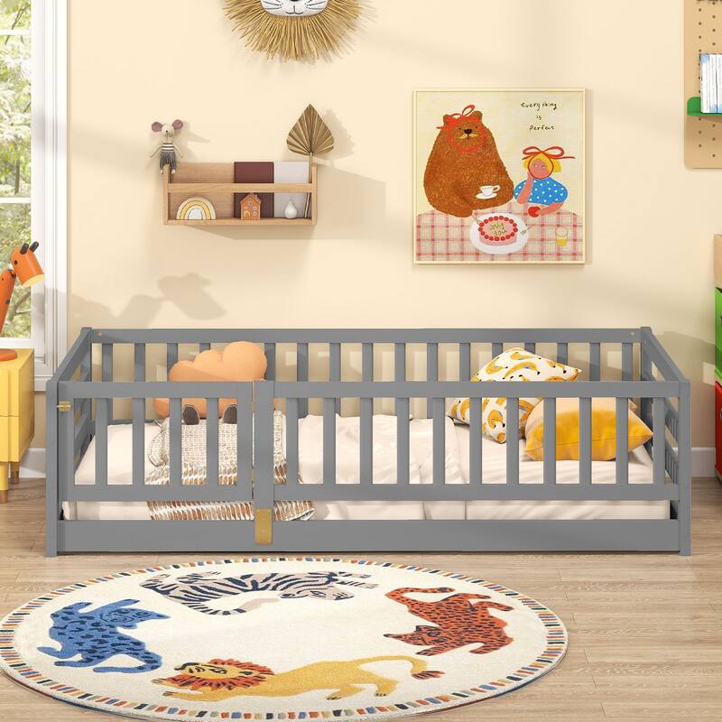 Gymax Twin Size Floor Bed w/High Fence & Door Safety Guardrails Wood