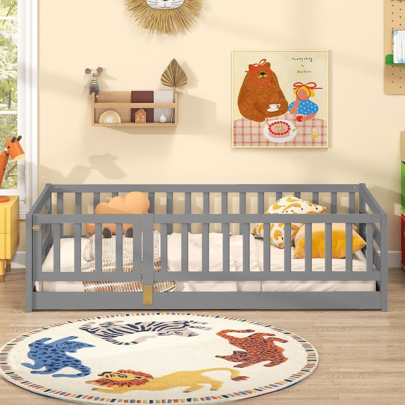 Montessori Solid Pine Wood Frame Twin Floor Bed with Safety Fence and Lockable Door No Slats
