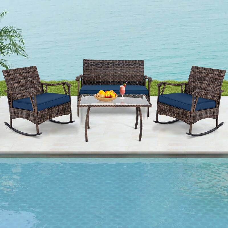 Gymax Set of 4 Wicker Rocking Set w/ Loveseat & Coffee Table