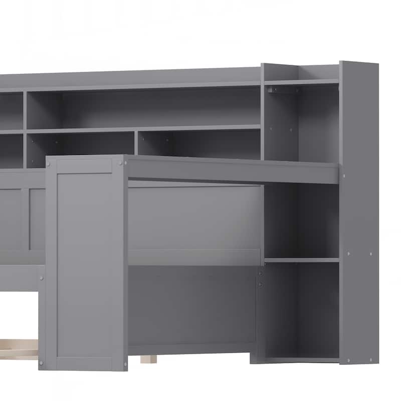 Wooden Full Size Daybed with Storage Shelves, Multi-functional Bed with Twin Size Trundle Bed