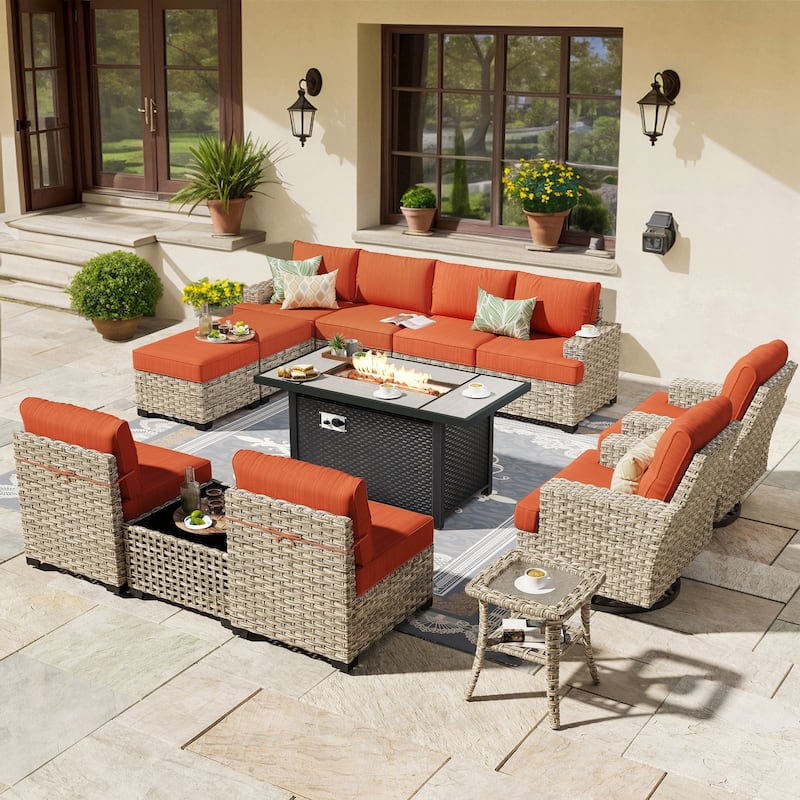 HOOOWOOO 13-piece Outdoor Sofa Patio Wicker Swivel Chair Set with 42" Fire Pit - Red/Orange