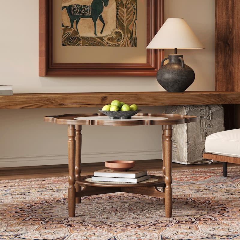 Mid-Century Style 2-Tier Coffee Table with Petal-Shaped White Crackle Pattern Glass