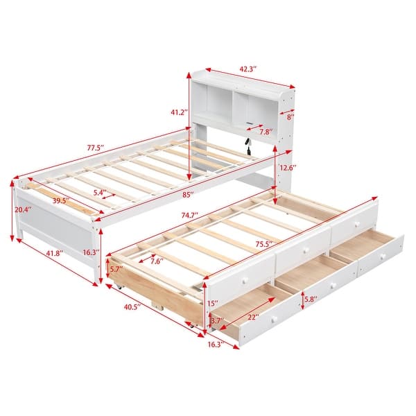 dimension image slide 1 of 3, Twin Bed with USB, Type-C Ports, LED Lights & Trundle - Bookcase Headboard