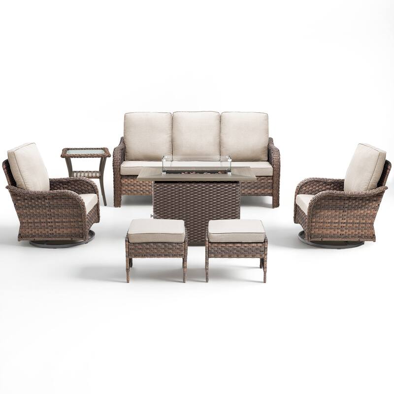 Pocassy Patio Funiture Sofa Swivel Chairs Ottoman with Fire Table Set