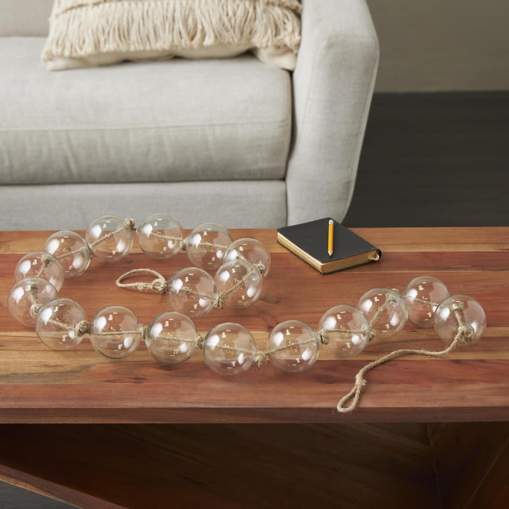 Clear Glass Handmade Round Extra Long Frosted Orb Beaded Garland with Tassel with Knotted Jute Rope