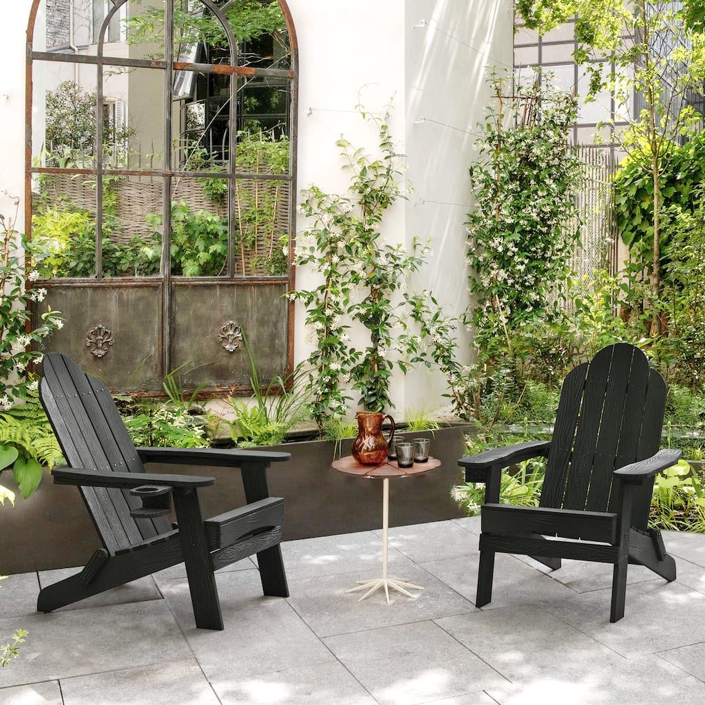 All-Weather Folding Plastic Outdoor Patio Adirondack Chairs With Cup Holder Set of 2 - 35"D x 30"W x 36.2"H
