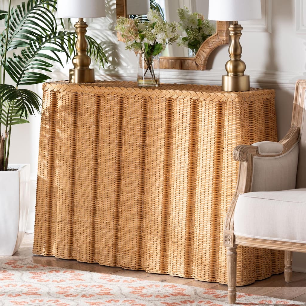 Andrea Natural Rattan Console Table - Handwoven Wicker Accent Table with Pleated Skirt, Boho Coastal Decor