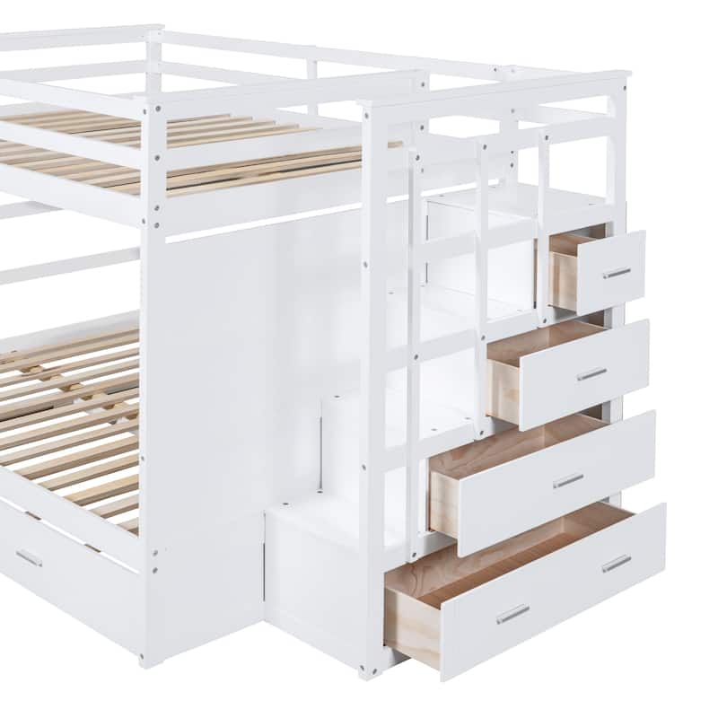 Twin/Full Size Bunk Bed with Trundle Bed and Storage Staircase, Solid Pinewood Bunk Bed Frame with Safety Guardrail