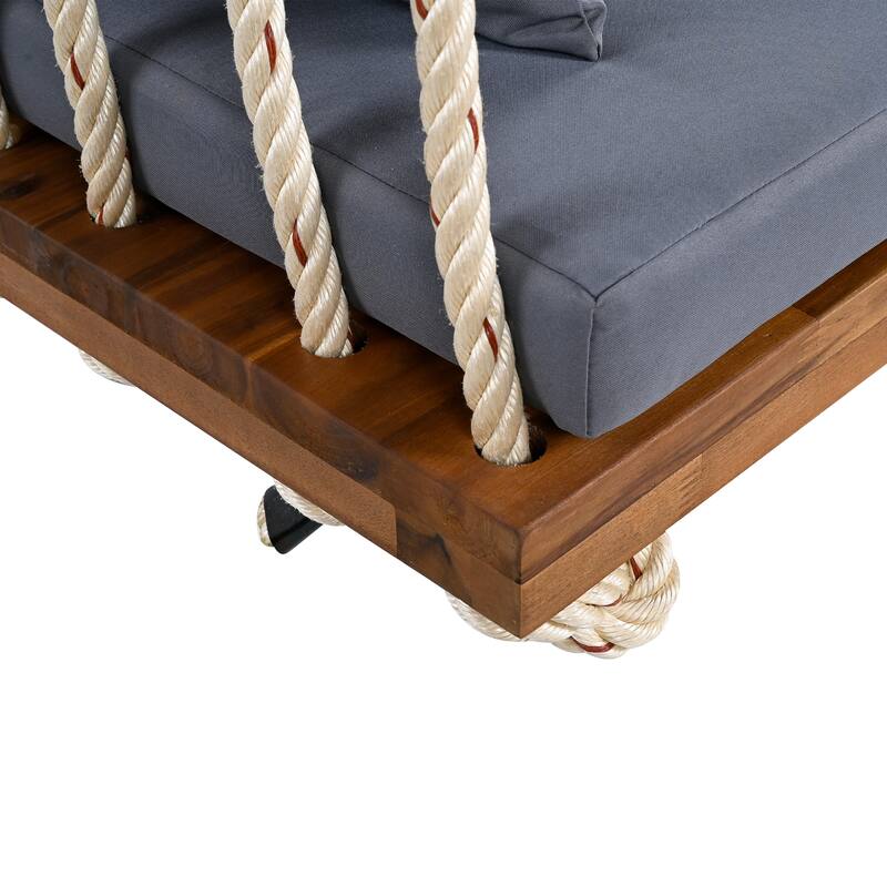 Acacia Wood Swing Chair, Hanging Porch Bench with Cushion & Pillows, 400lb Capacity & 10.8ft Ropes