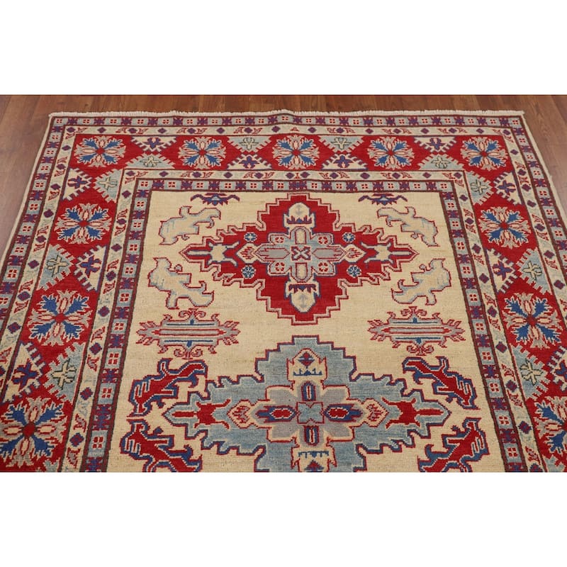 Geometric Beige Kazak Area Rug Hand-Knotted Bedroom Wool Carpet - 4'10" x 6'5"