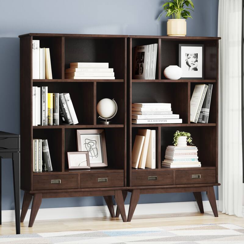 WYNDENHALL Tierney 35 inch Solid Wood 6 Cubbie Bookcase (Set of 2) - 35"W x 14"D x 64"H. - Medium Auburn Brown