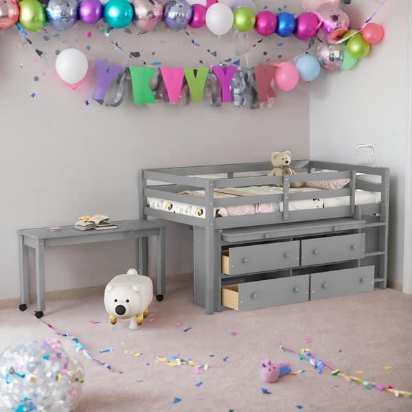 slide 2 of 9, Twin Size Loft Bed with Desk,4 Drawers and Shelves for Home Grey