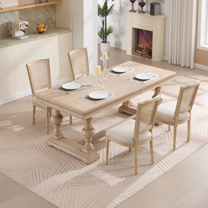 Dining Chairs Set of 2, Upholstered Chairs with Nature Rattan T-shaped Back, Wire Drawing and Carving Techniques,Disassemblable
