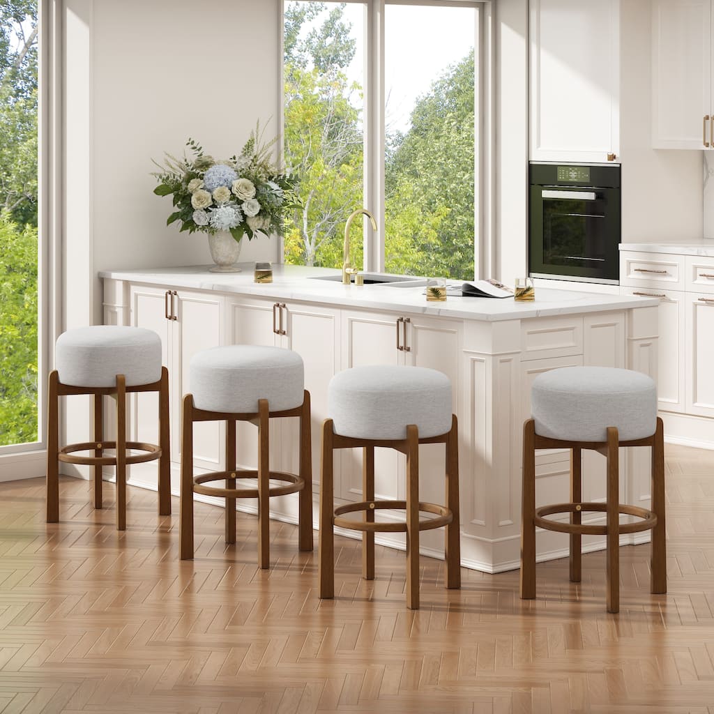 Christopher Knight Home - Vera Rubberwood Upholstered Barstools in Dark Walnut and Ivory Fabric