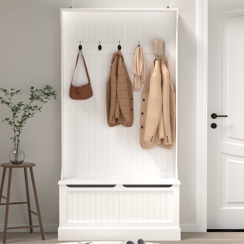 Wood Standing Coat Rack with Shoe Storage Bench and 5 Hook