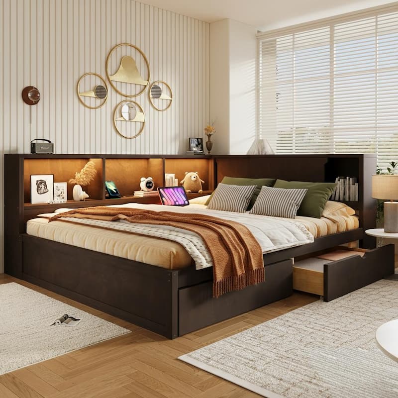 Queen Size Wood Daybed with LED Storage Shelves, USB Ports, and 2 Drawers by Harper&Bright Designs - Brown