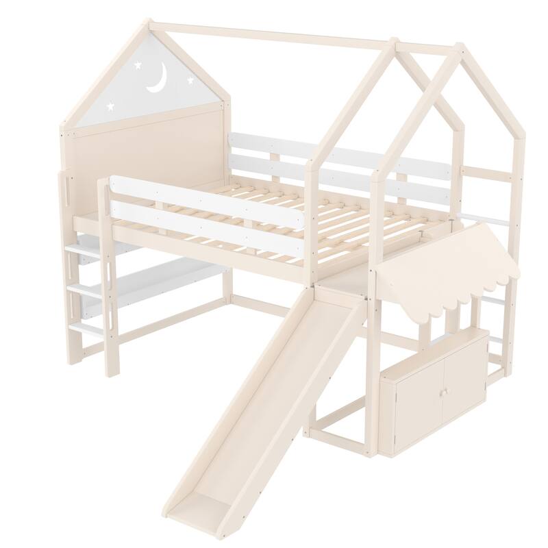 Full Size Loft Bed with Bookshelf, Playful Design for Kids, House-Shaped Structure with Slide High-Quality Safety Rails