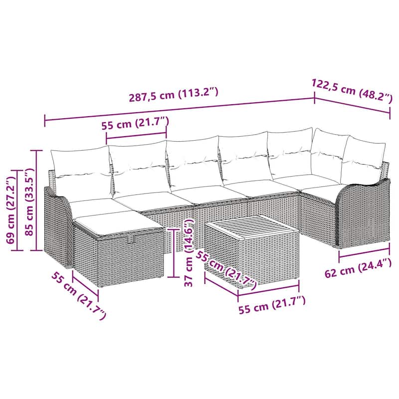 vidaXL 8 Garden Sofa Set with Cushions Black/Grey Poly Rattan - 113.2 x 48.2 x 27.2