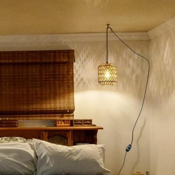 Boho Rattan Plug in Pendant Hanging Lamp with 16 ft Dimmable Cord Brown