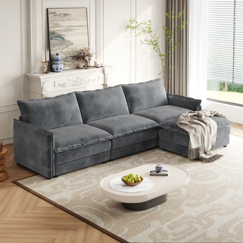 Corduroy Modular Deep Seat Couch L-shaped Sectional Sofa with Ottoman
