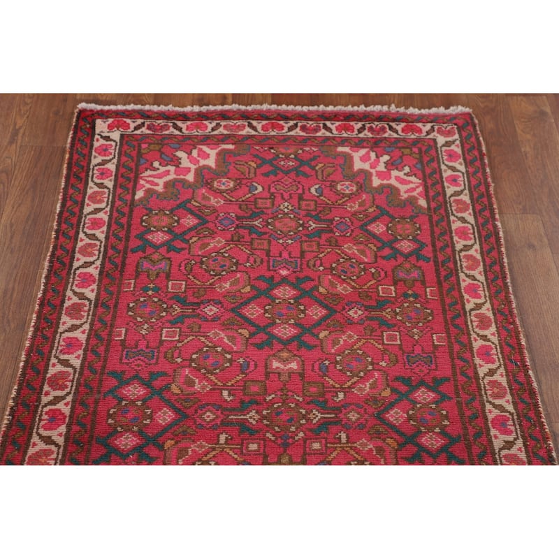 Fuchsia Hamedan Persian Vintage Runner Rug Handmade Wool Carpet - 2'7"x 9'10"