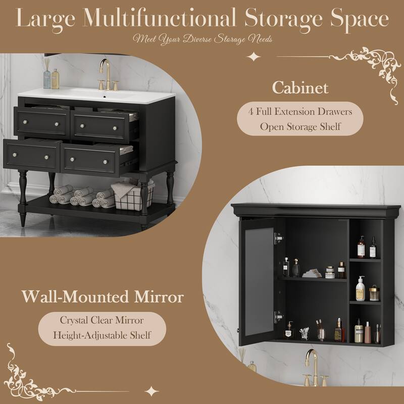 GDFStudio - Marquette Luxury Bathroom Vanity Set with Ceramic Sink, Mirror Medicine Cabinet and 4 Storage Drawers - 36'W