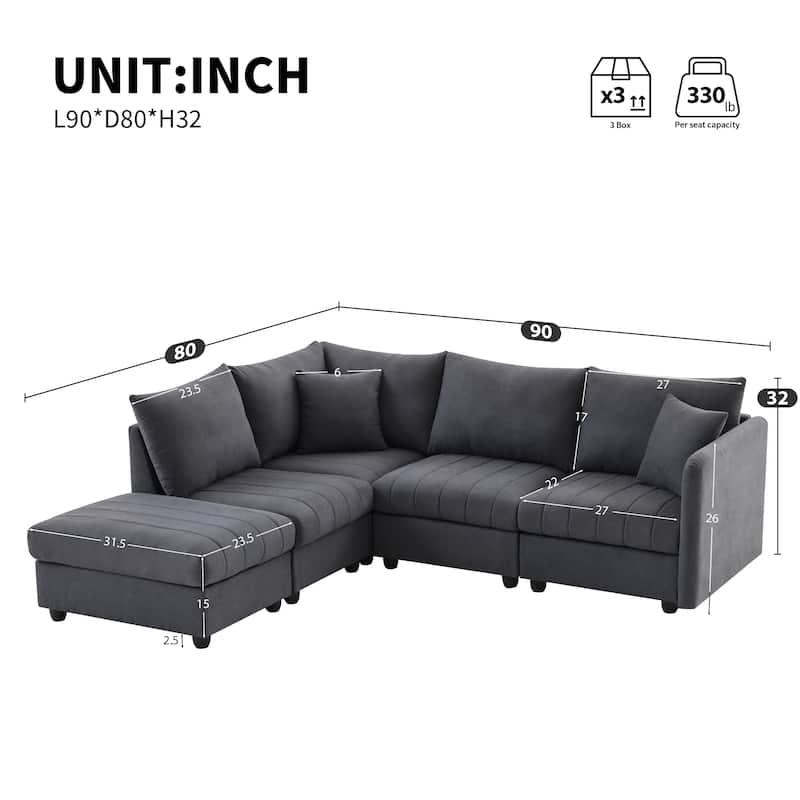 Modular L-Shaped Sectional Sofa with Movable Ottoman, 5 Seat Corner Couch with Throw Pillows, Comfy Cloud Upholstered Sofa - Dark Gray