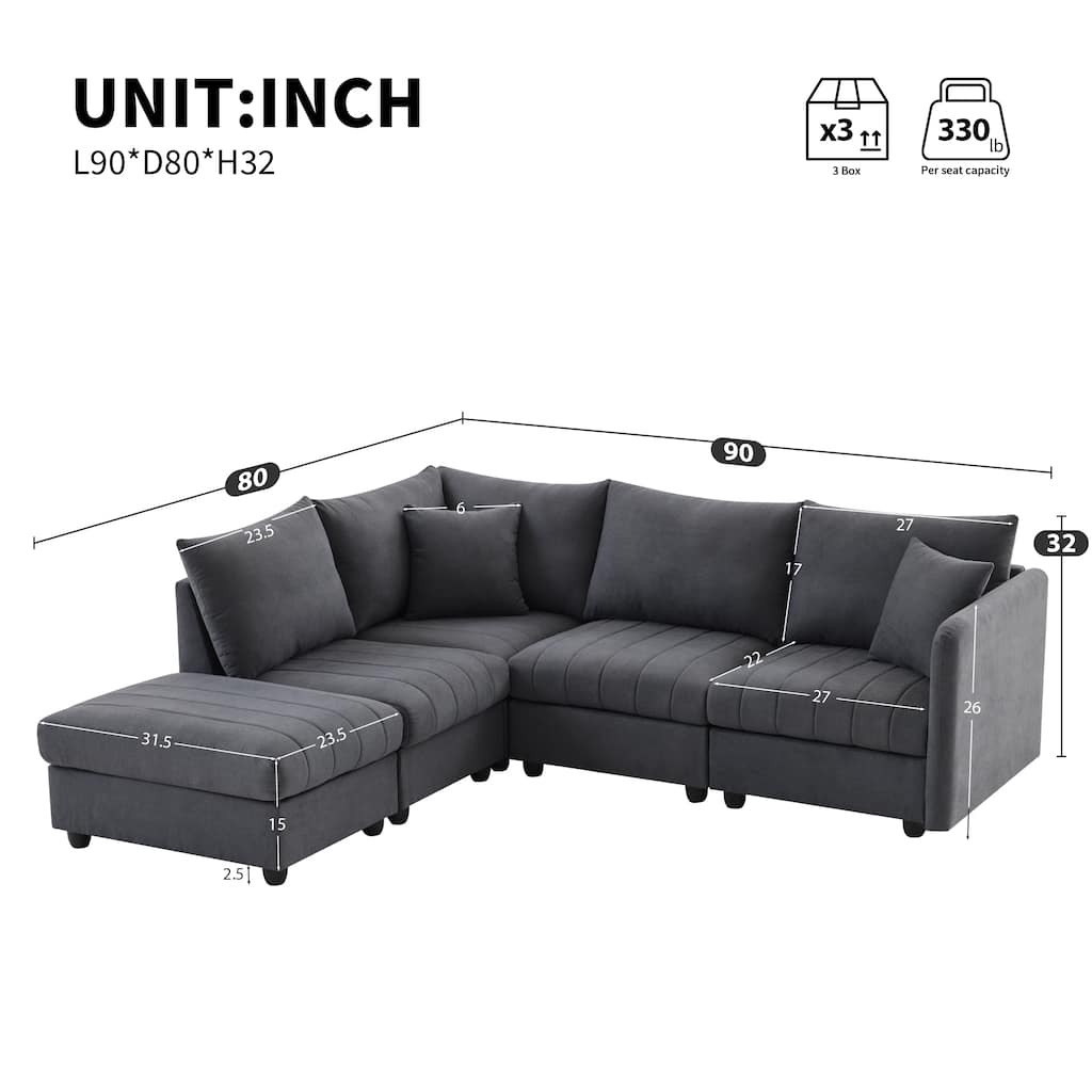 Modular L-Shaped Sectional Sofa with Movable Ottoman, 5 Seat Corner Couch with Throw Pillows, Comfy Cloud Upholstered Sofa