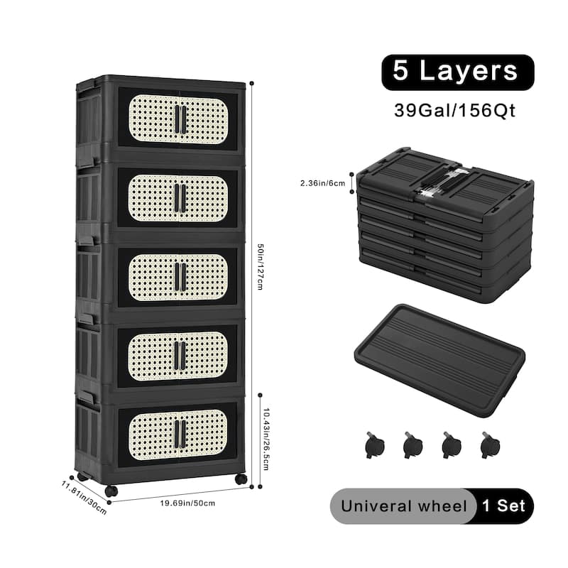 5-Tier Retro Black 20" Side Wide Folding Storage Cabinet