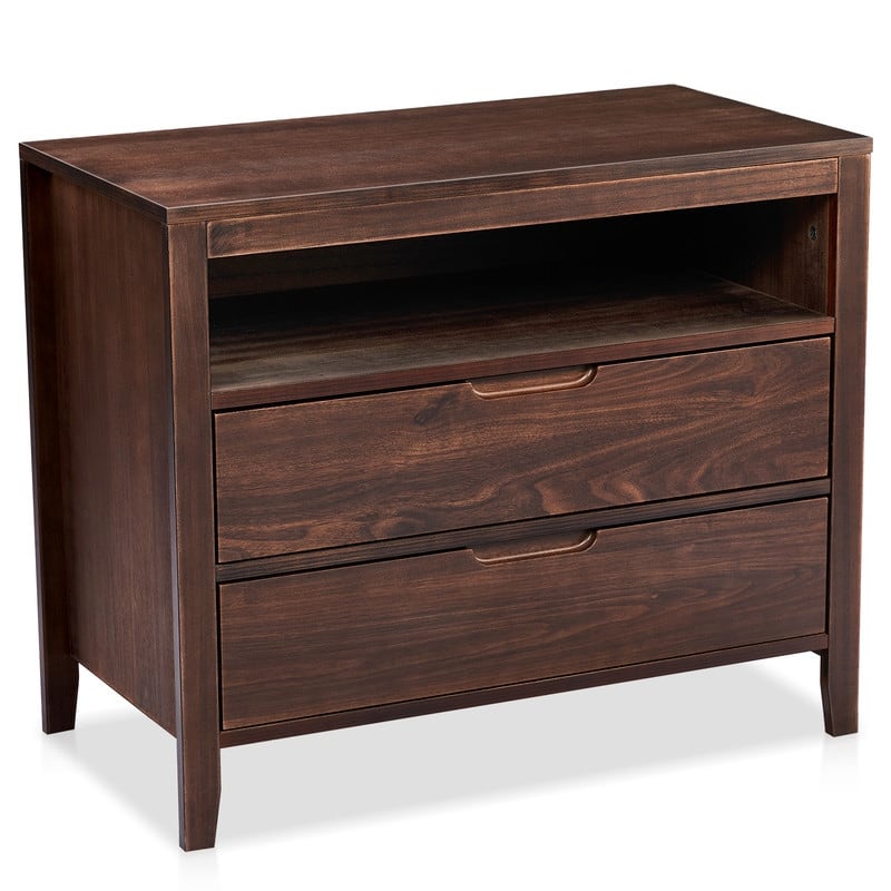 Brown Mid-Century Modern Nightstand 2 Drawers Upper Shelf P2 Density Board Solid Wood Veneer 29 inches 1 piece