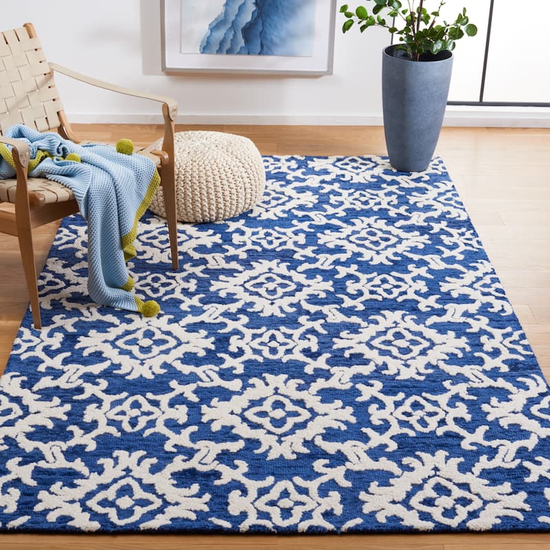 SAFAVIEH, Handmade Blossom Vesela Modern Floral Wool Rug - 6' Square - Navy/Ivory