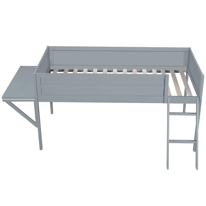 Grey Full Size Wooden Loft Bed with Built-in Gaming Desk, Multi-Color LED Lighting, and Space-Saving Design for Kids and Teens