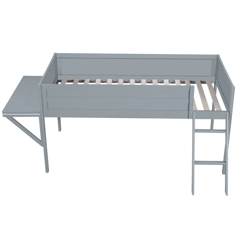 Grey Twin Size Gaming Loft Bed with Integrated Desk and LED Lighting, Storage Space for Consoles
