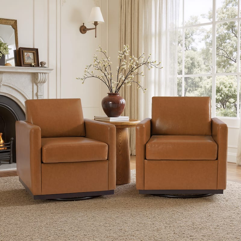 Set of 2 Modern Swivel Accent Armchairs Upholstered Arm Chairs - Faux Leather - Light Brown