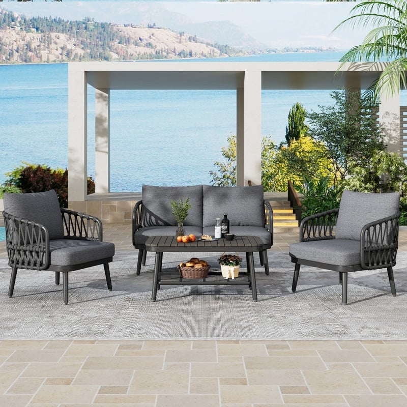 Four-Piece Outdoor Patio Set‌ – Metal Frame Chairs With Woven Rope U-Shaped Backrests, Includes Thick Cushions And Coffee Table.